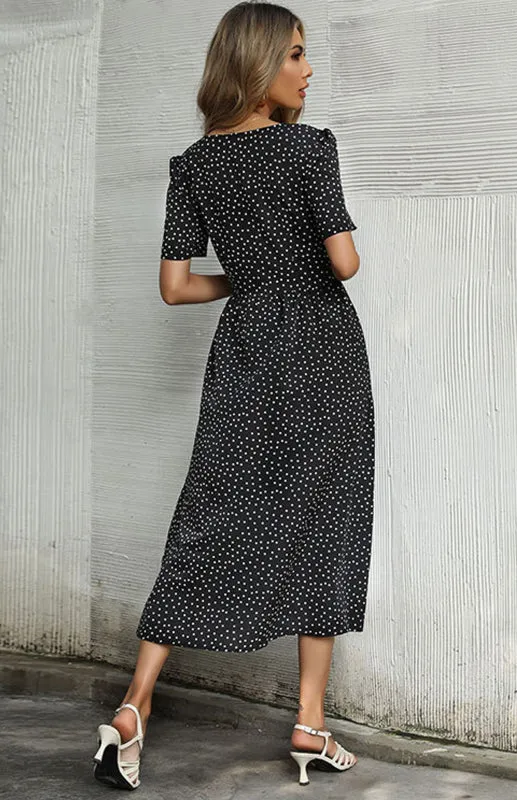 Polka Dot V-Neck Midi Dress with Button-Down Front