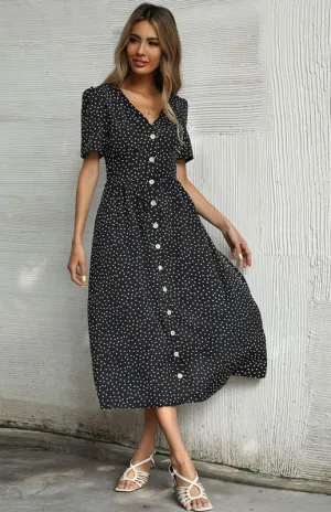 Polka Dot V-Neck Midi Dress with Button-Down Front