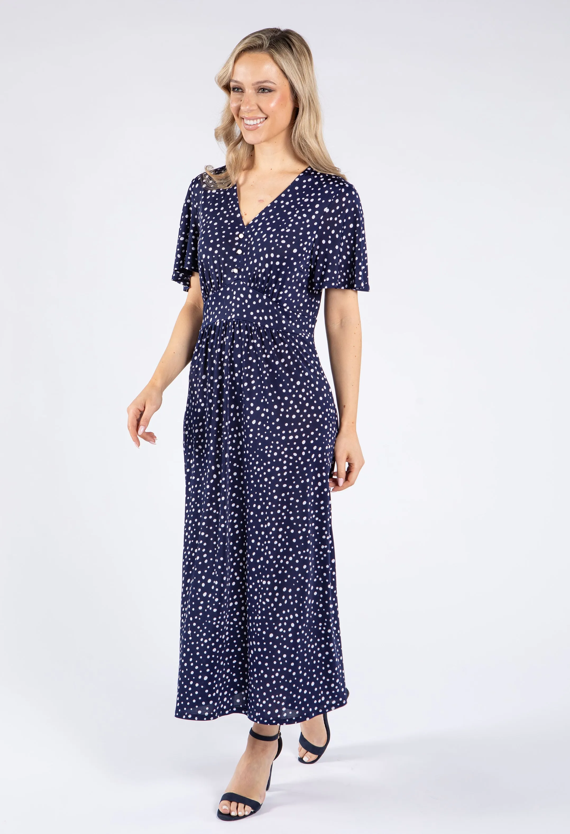 Polka Dot V Neck Midi Dress