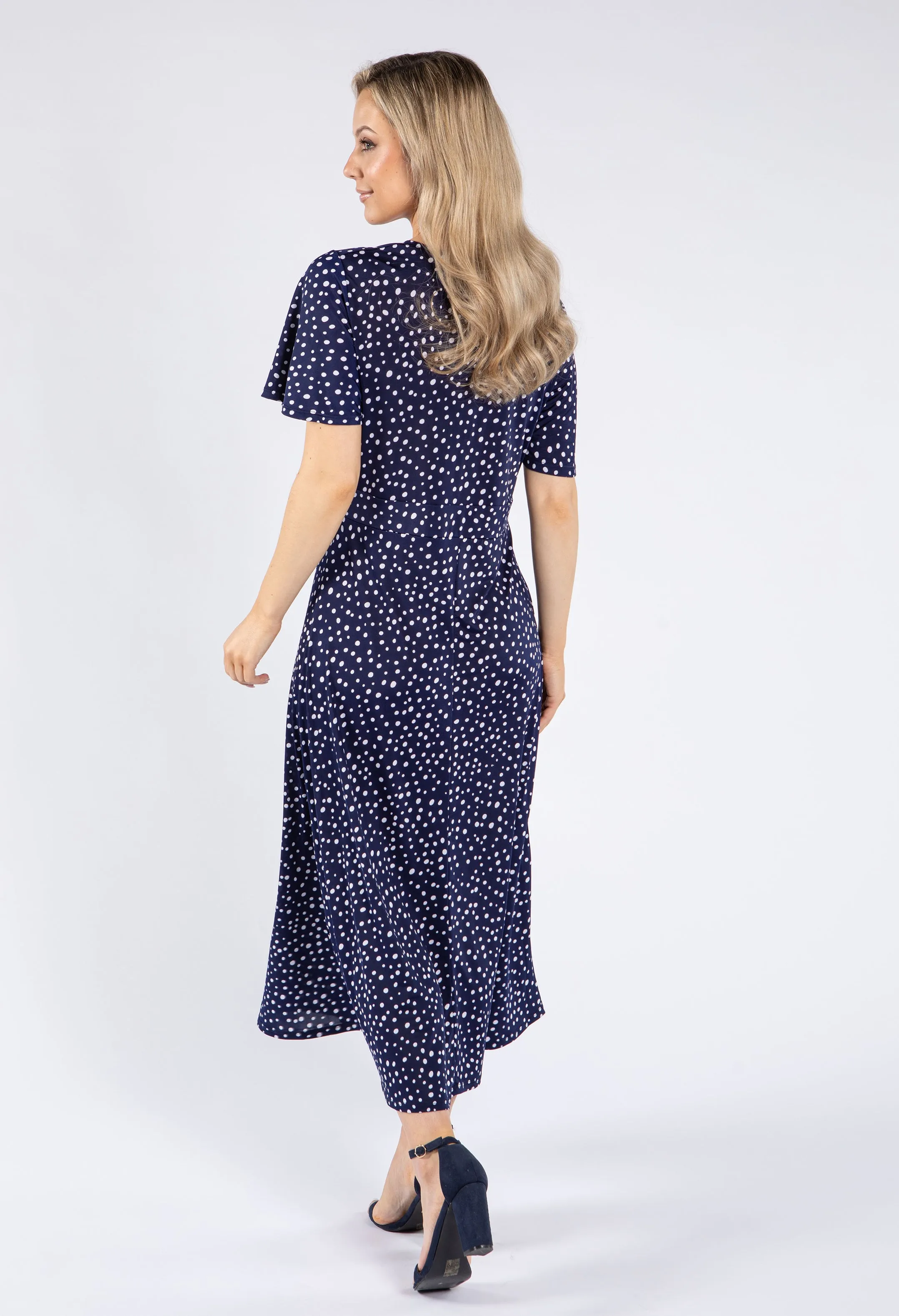 Polka Dot V Neck Midi Dress