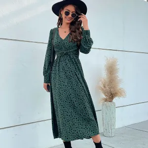 Polka Dot Wrap Midi Dress with Long Sleeves