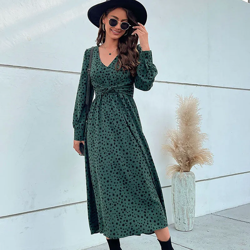 Polka Dot Wrap Midi Dress with Long Sleeves