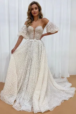 Polka Dots Ball Gown Sweetheart Detachable Puff Sleeves Wedding Dress, MW1100