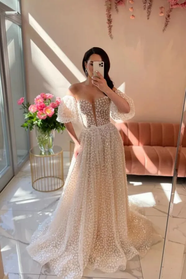 Polka Dots Ball Gown Sweetheart Detachable Puff Sleeves Wedding Dress, MW1100