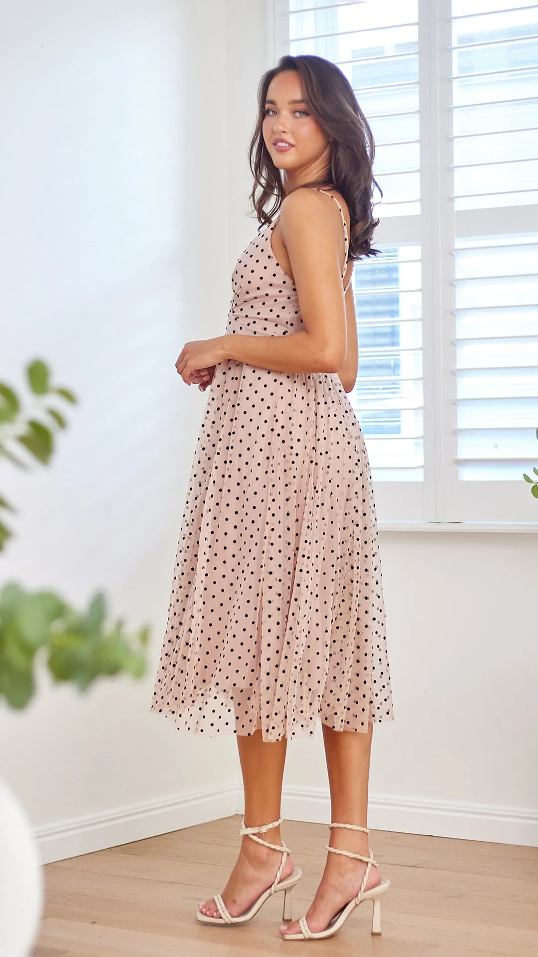 Polka Mesh Midi Dress-Pink