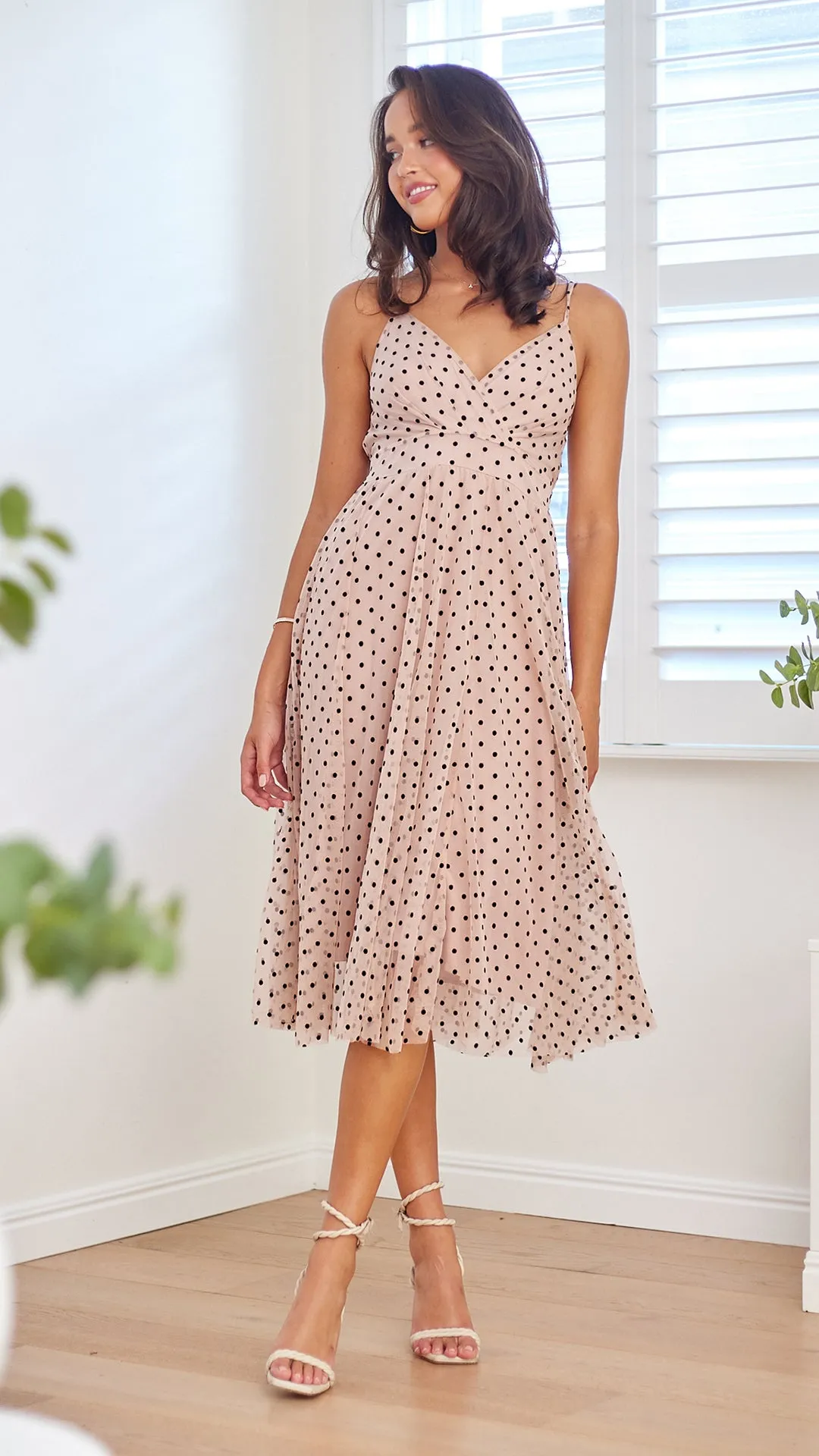 Polka Mesh Midi Dress-Pink