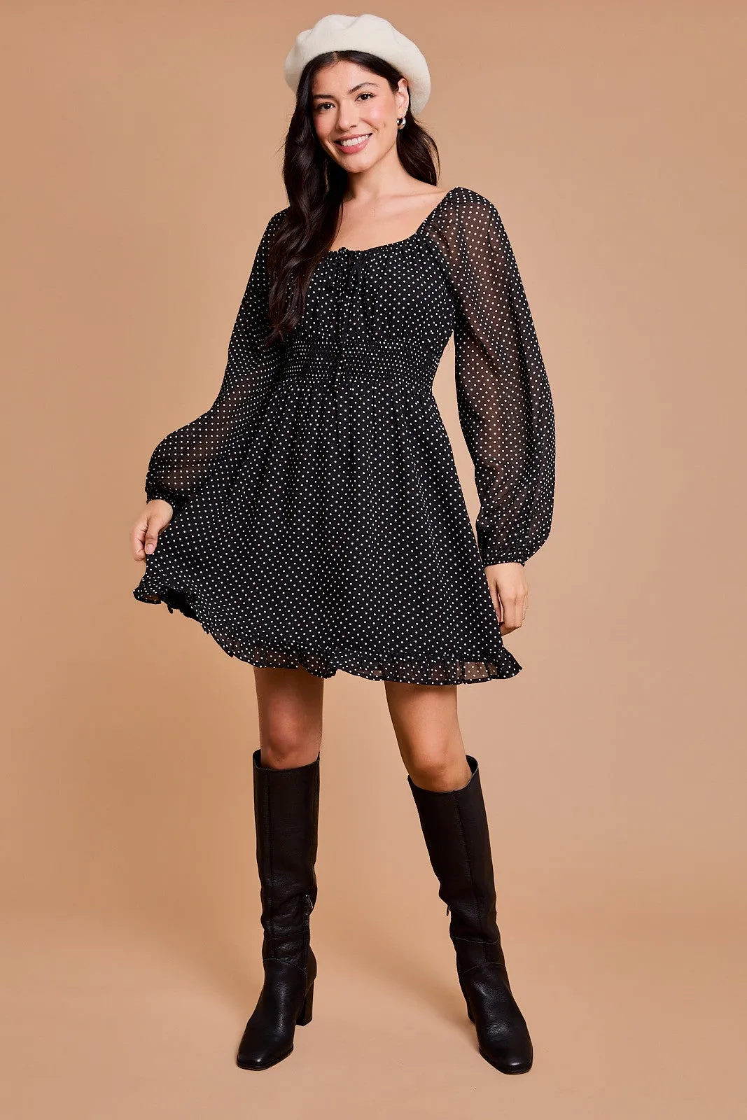 PUFF LONG SLEEVE POLKA DOT DRESS // FINAL SALE