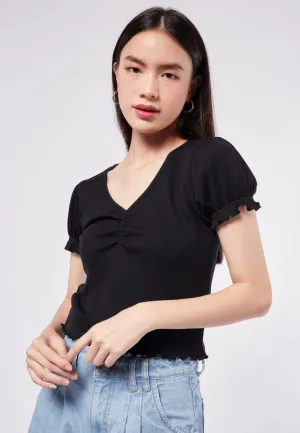 Puff Sleeve V-Neck Rib Top
