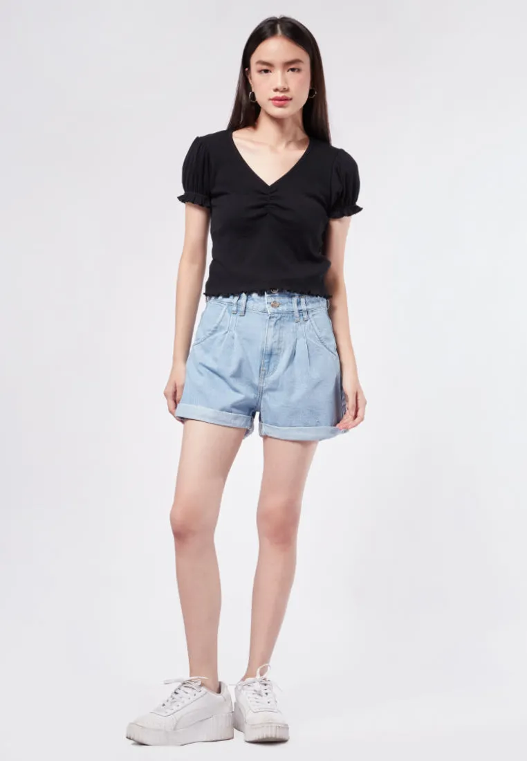 Puff Sleeve V-Neck Rib Top
