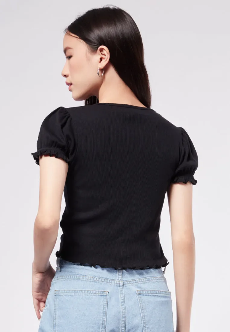 Puff Sleeve V-Neck Rib Top