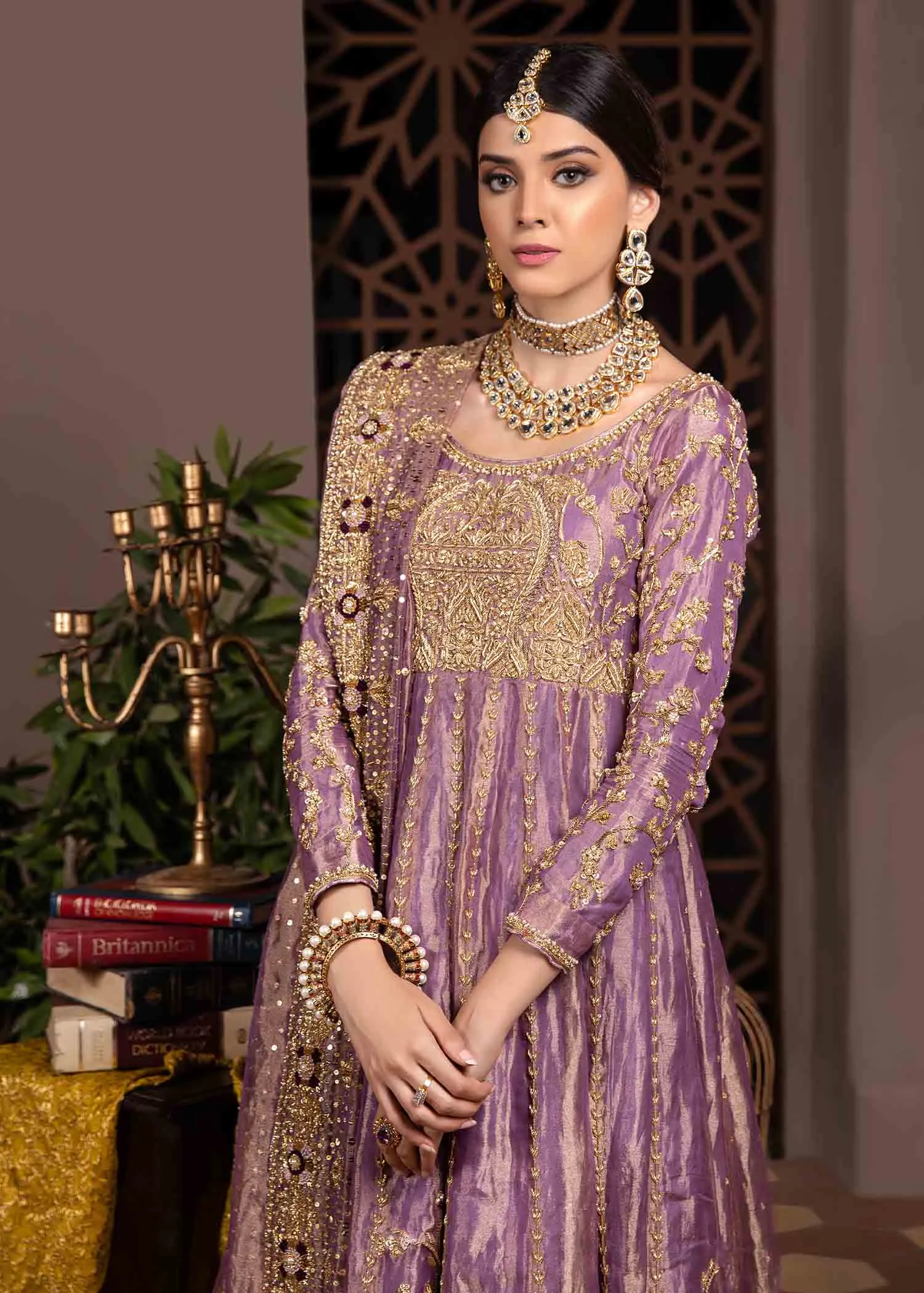 Purple Colored Pakistani Bridal Pishwas Frock Dupatta