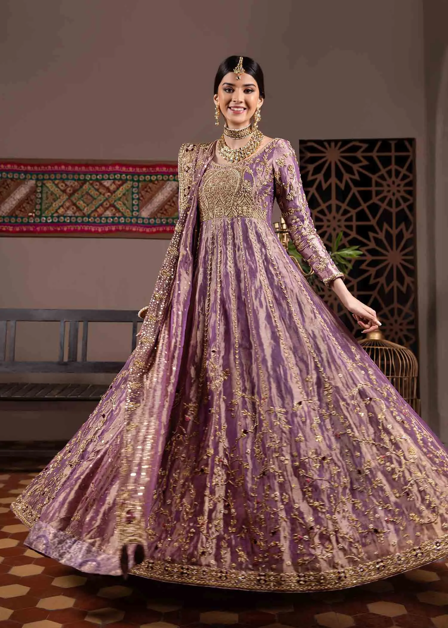 Purple Colored Pakistani Bridal Pishwas Frock Dupatta