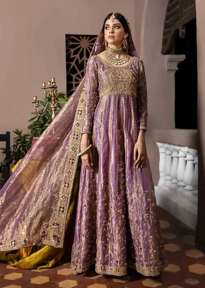 Purple Colored Pakistani Bridal Pishwas Frock Dupatta