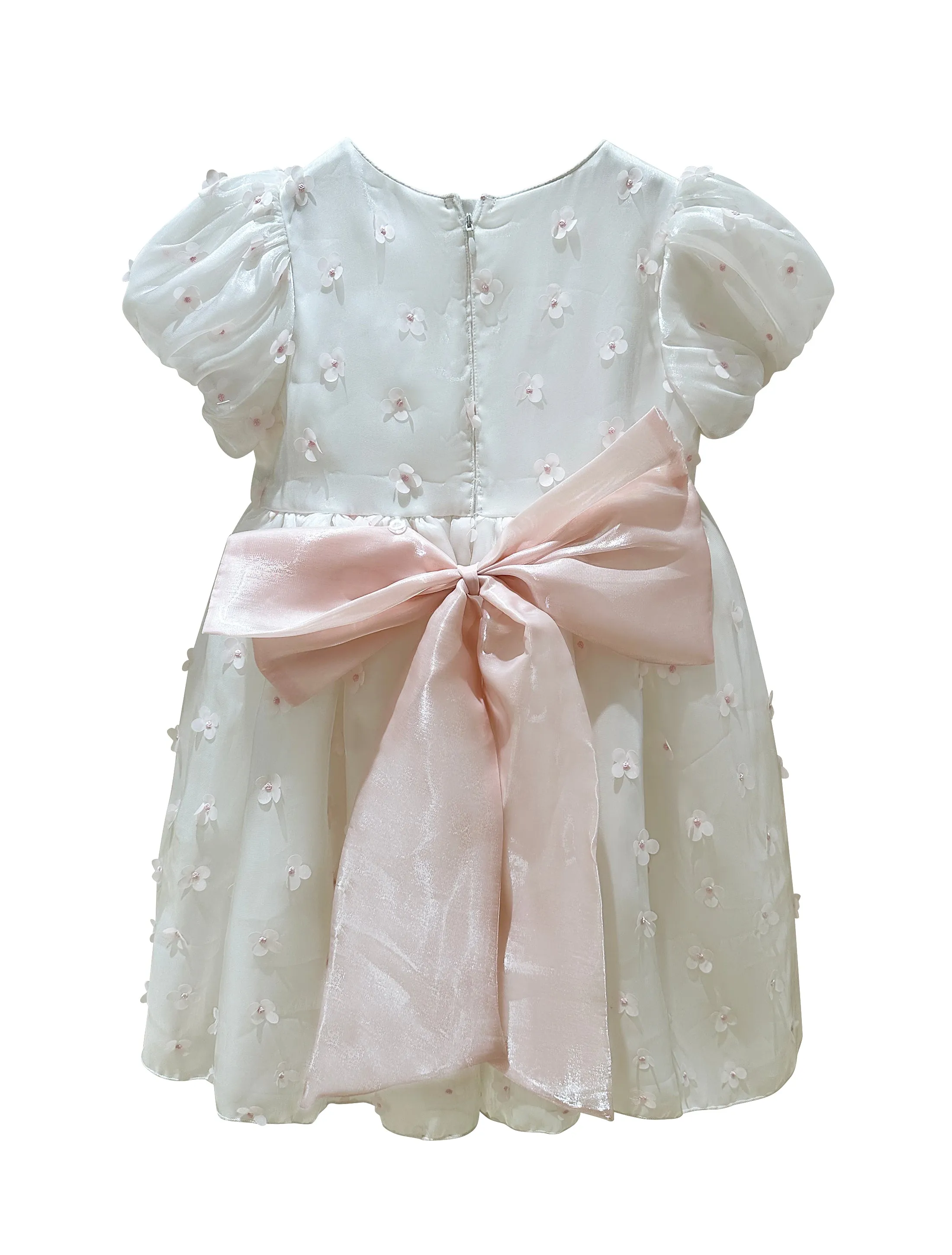"Lily" 3D Flower Girls Dress with Bow - White/Pink