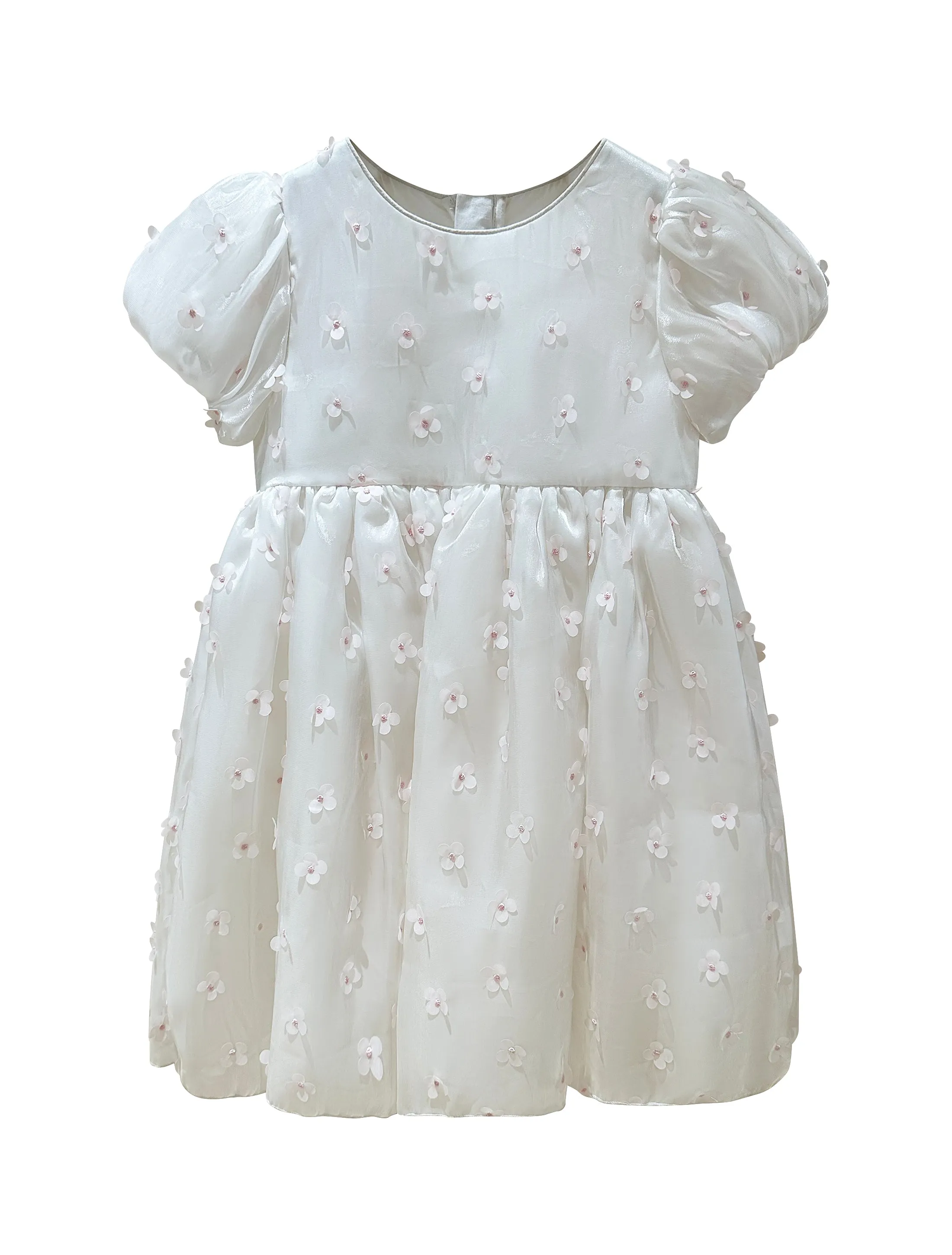 "Lily" 3D Flower Girls Dress with Bow - White/Pink