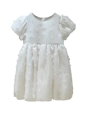 "Lily" 3D Flower Girls Dress with Bow - White/Pink