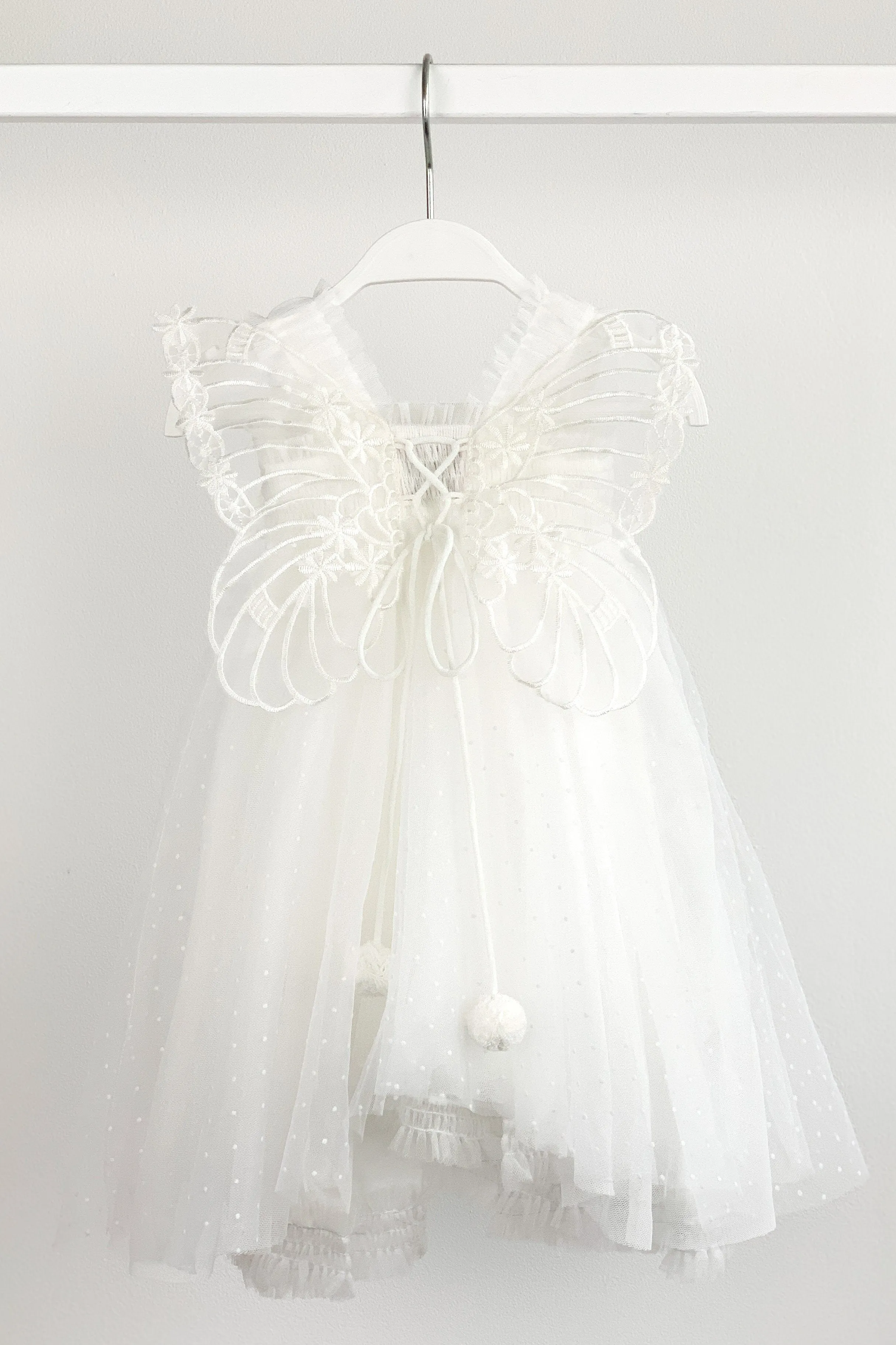 "Pippy" White Plumeti Dot Fairy Wing Dress