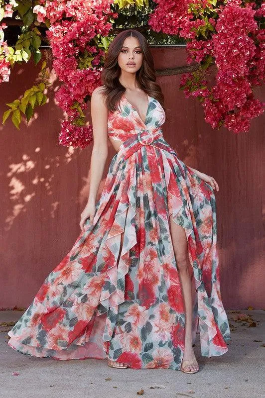 RED FLORAL MAXI DRESS DRAWSTRING OPEN BACK