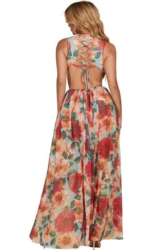 RED FLORAL MAXI DRESS DRAWSTRING OPEN BACK