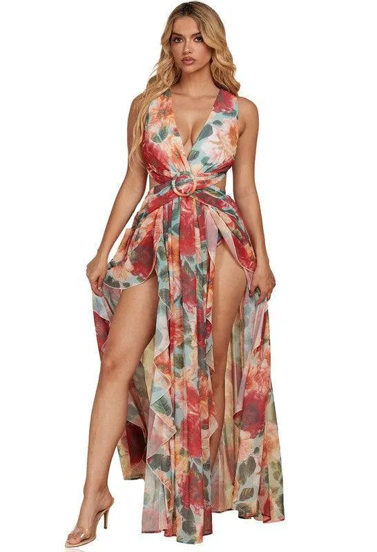 RED FLORAL MAXI DRESS DRAWSTRING OPEN BACK