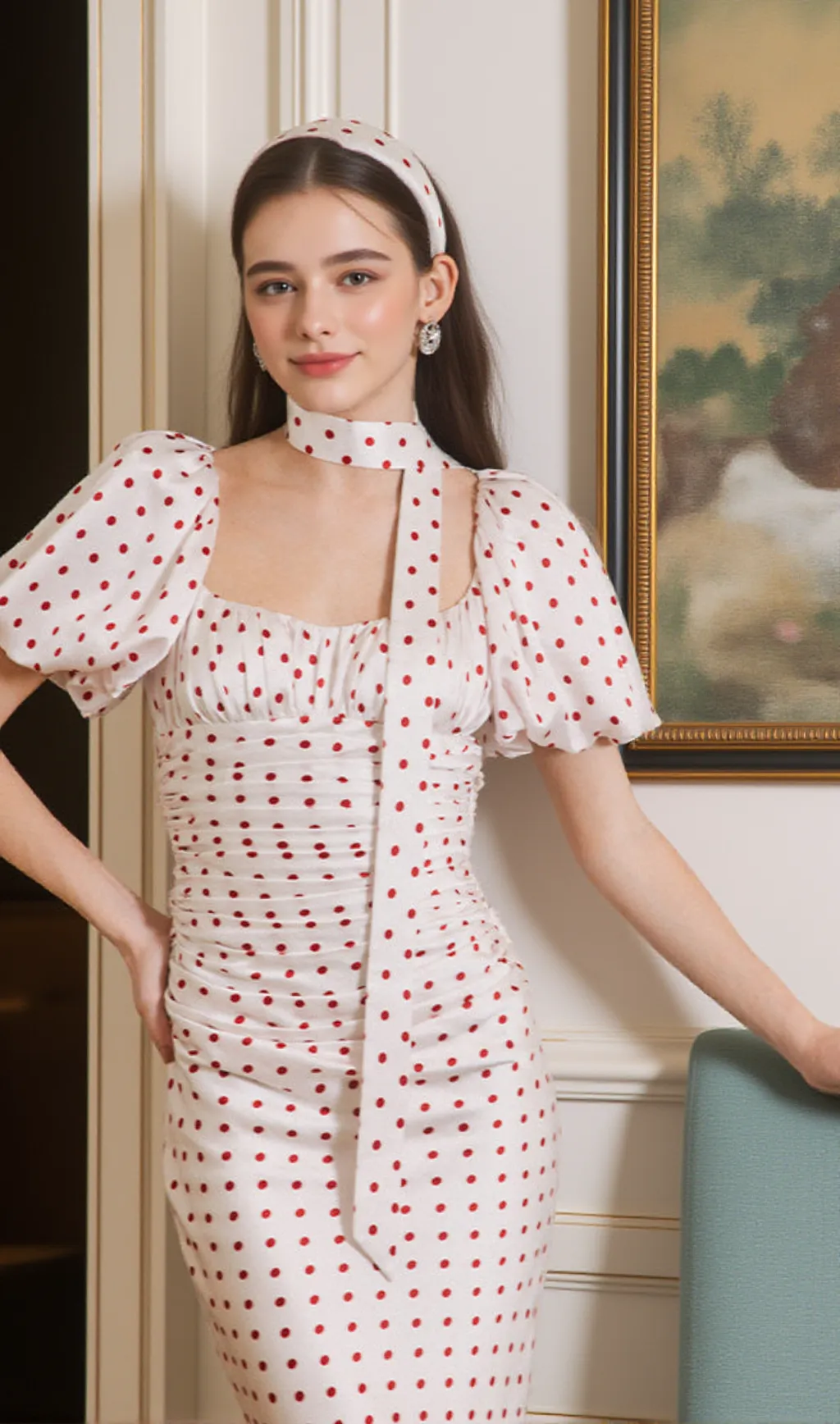 Red Polka Dot Bubble Sleeve midi Dress