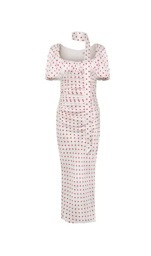 Red Polka Dot Bubble Sleeve midi Dress