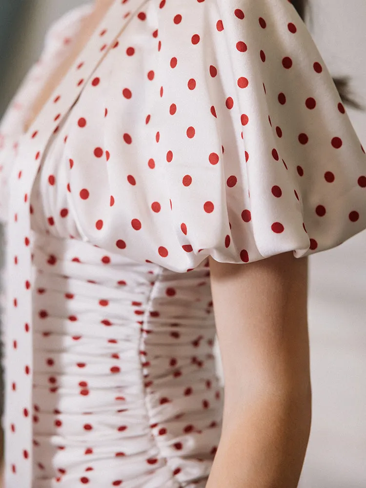 Red Polka Dot Bubble Sleeve midi Dress