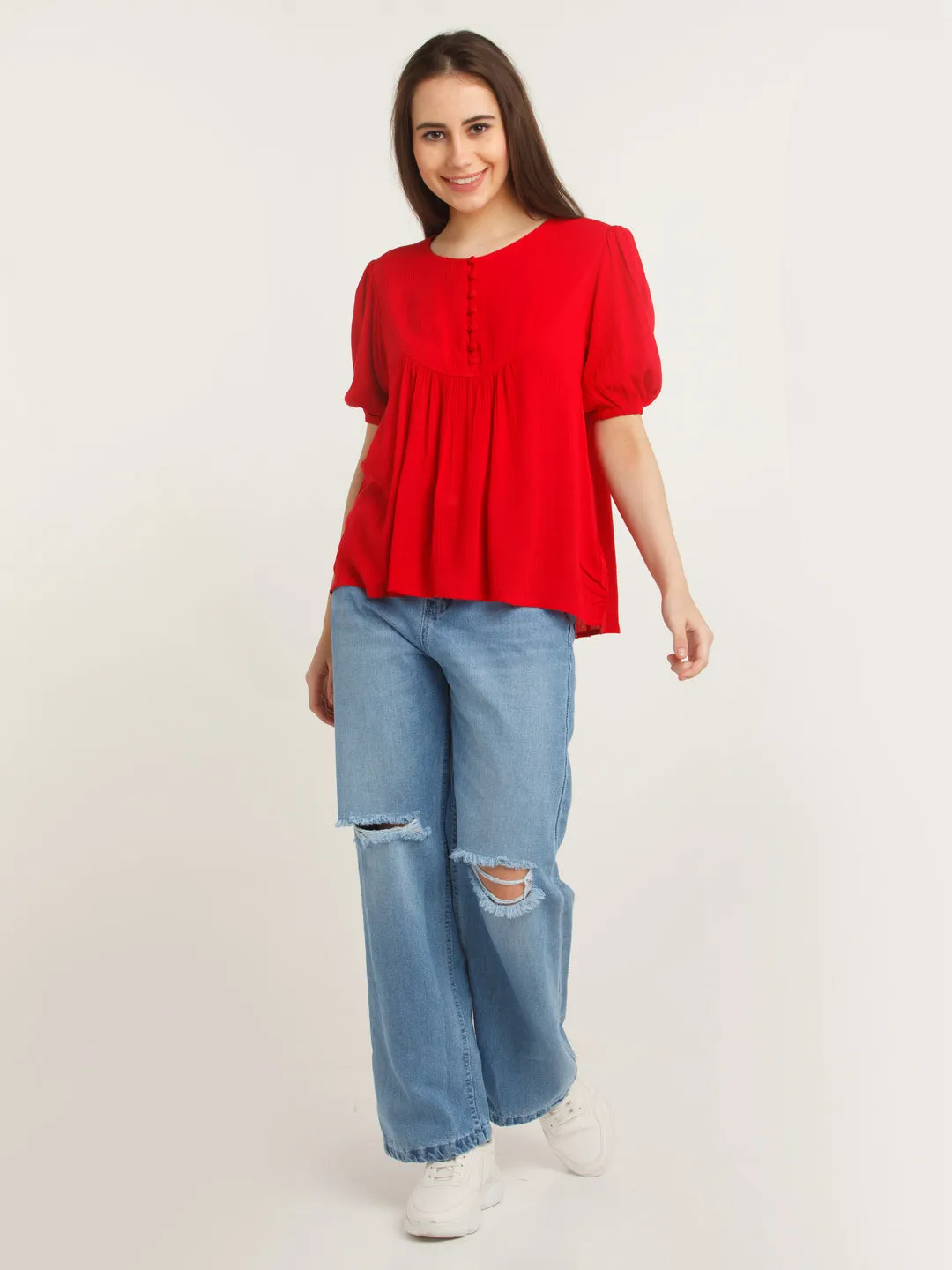 Red Solid Puff Sleeve Top