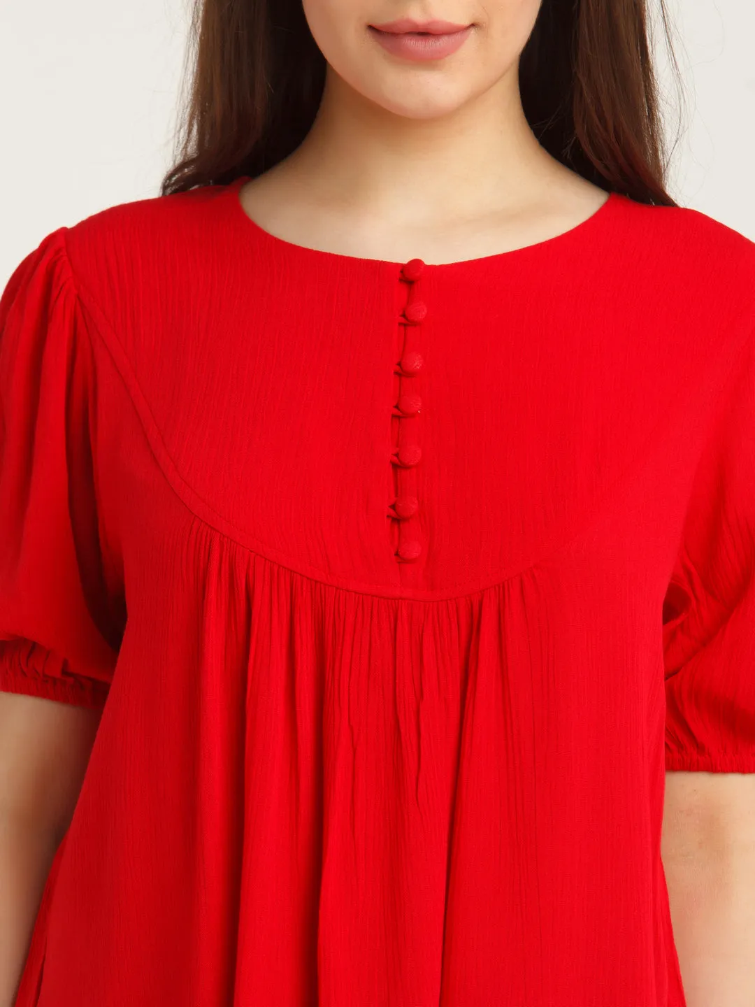 Red Solid Puff Sleeve Top