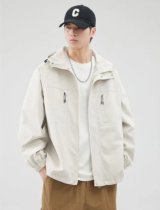 Relaxed-fit Hooded Rain Coat Featuring a Zip-up Design