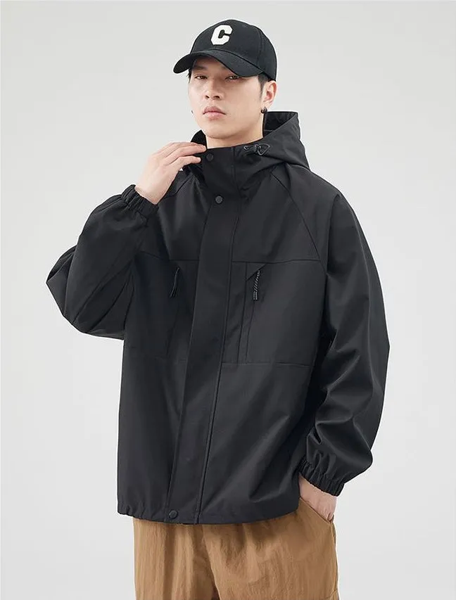 Relaxed-fit Hooded Rain Coat Featuring a Zip-up Design