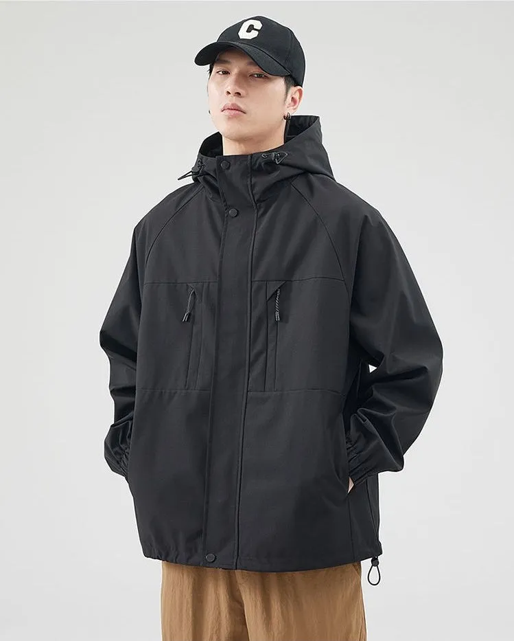 Relaxed-fit Hooded Rain Coat Featuring a Zip-up Design