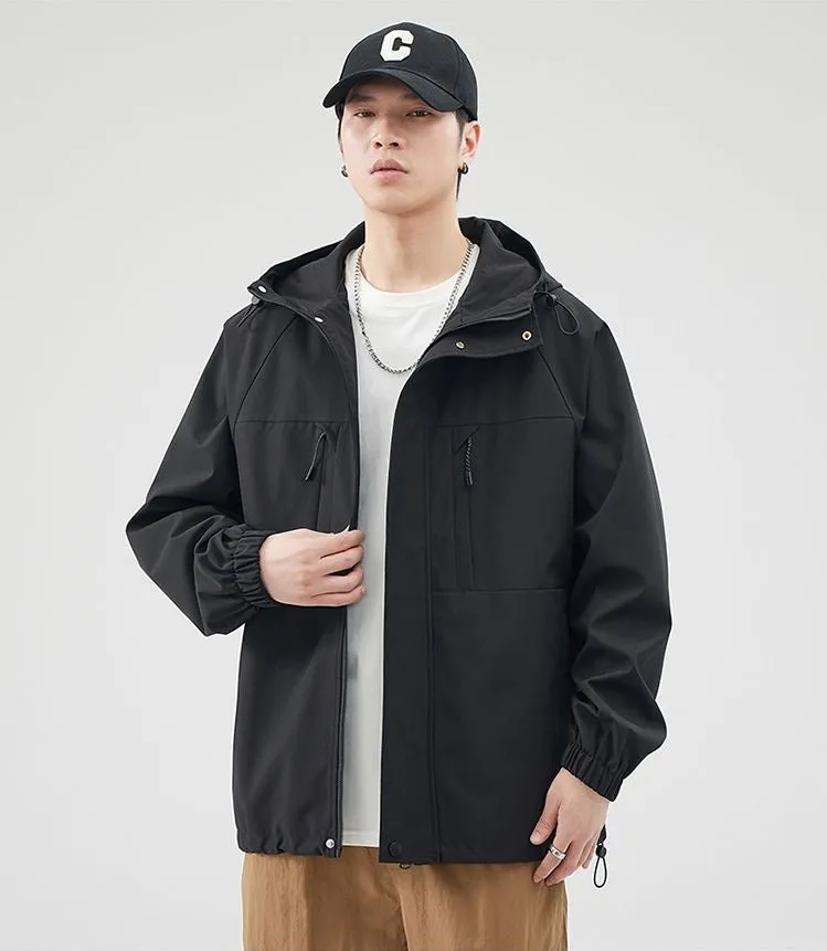 Relaxed-fit Hooded Rain Coat Featuring a Zip-up Design