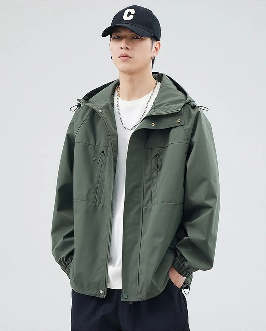 Relaxed-fit Hooded Rain Coat Featuring a Zip-up Design
