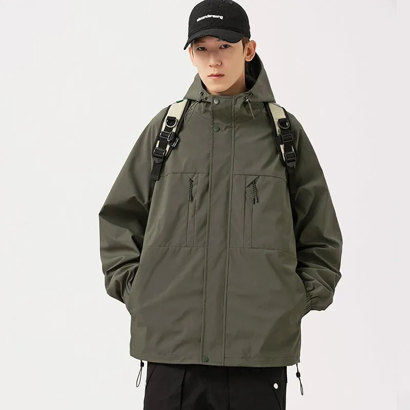 Relaxed-fit Hooded Rain Coat Featuring a Zip-up Design