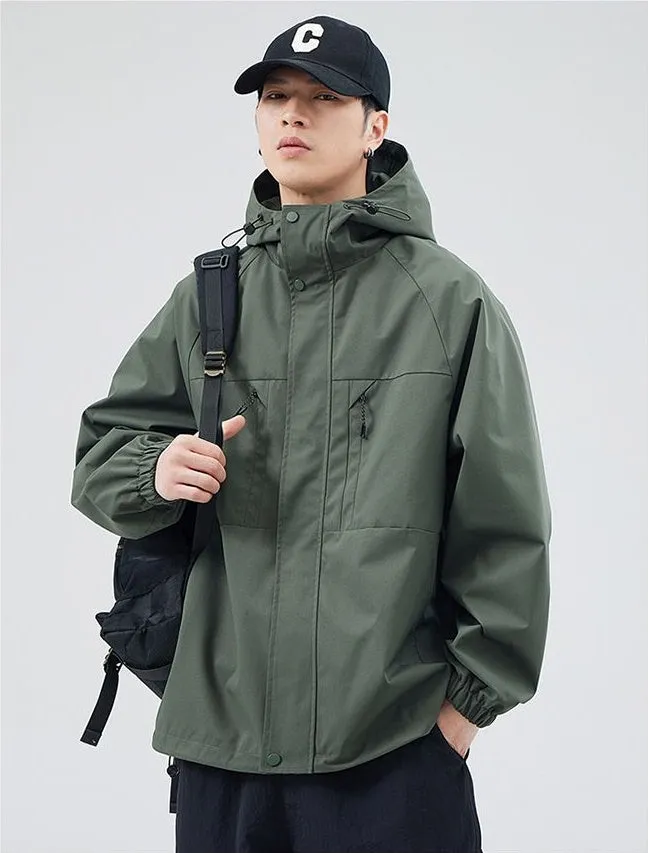 Relaxed-fit Hooded Rain Coat Featuring a Zip-up Design