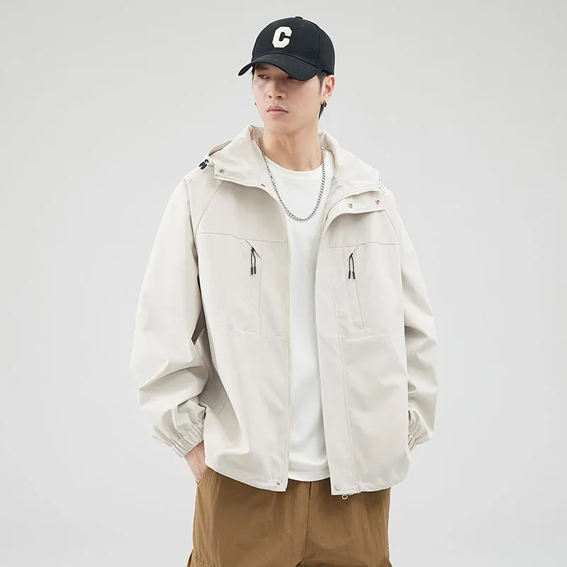 Relaxed-fit Hooded Rain Coat Featuring a Zip-up Design