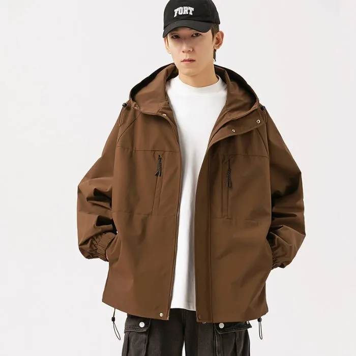 Relaxed-fit Hooded Rain Coat Featuring a Zip-up Design