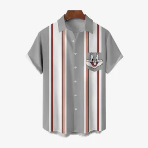 Retro Gray And White Stripes And Cartoon Bunny Breast Pocket Short Sleeve Shirt 2409010658