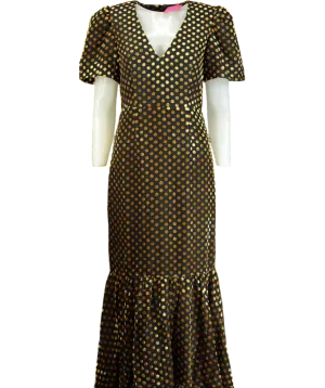 Rhode Resort Black Anton Puff sleeve midi Dress In Dot Jacquard UK 12