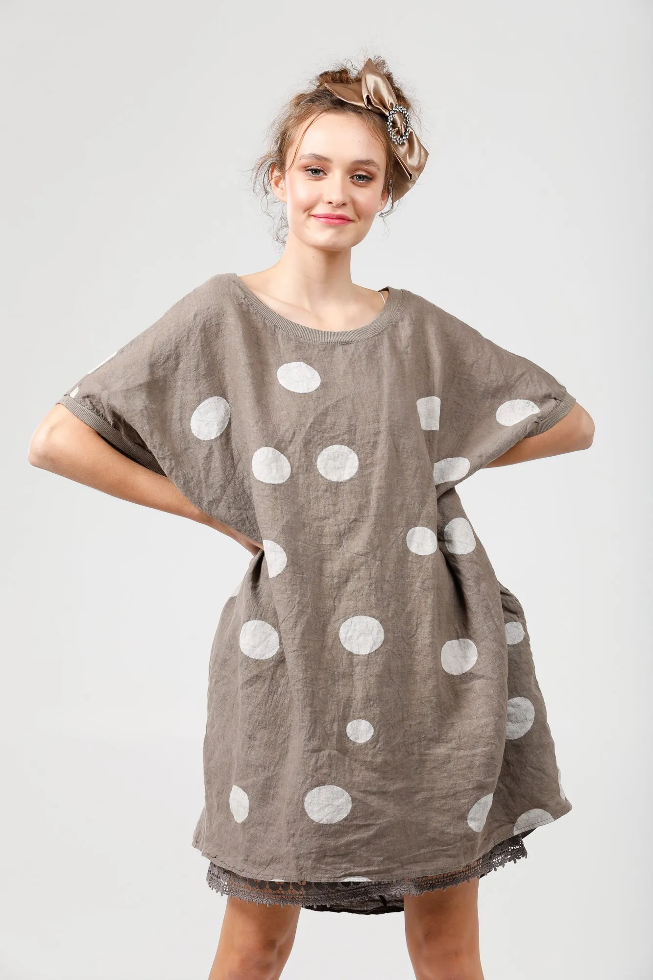 Rosabella linen dress. Cocoa brown Polka dot.