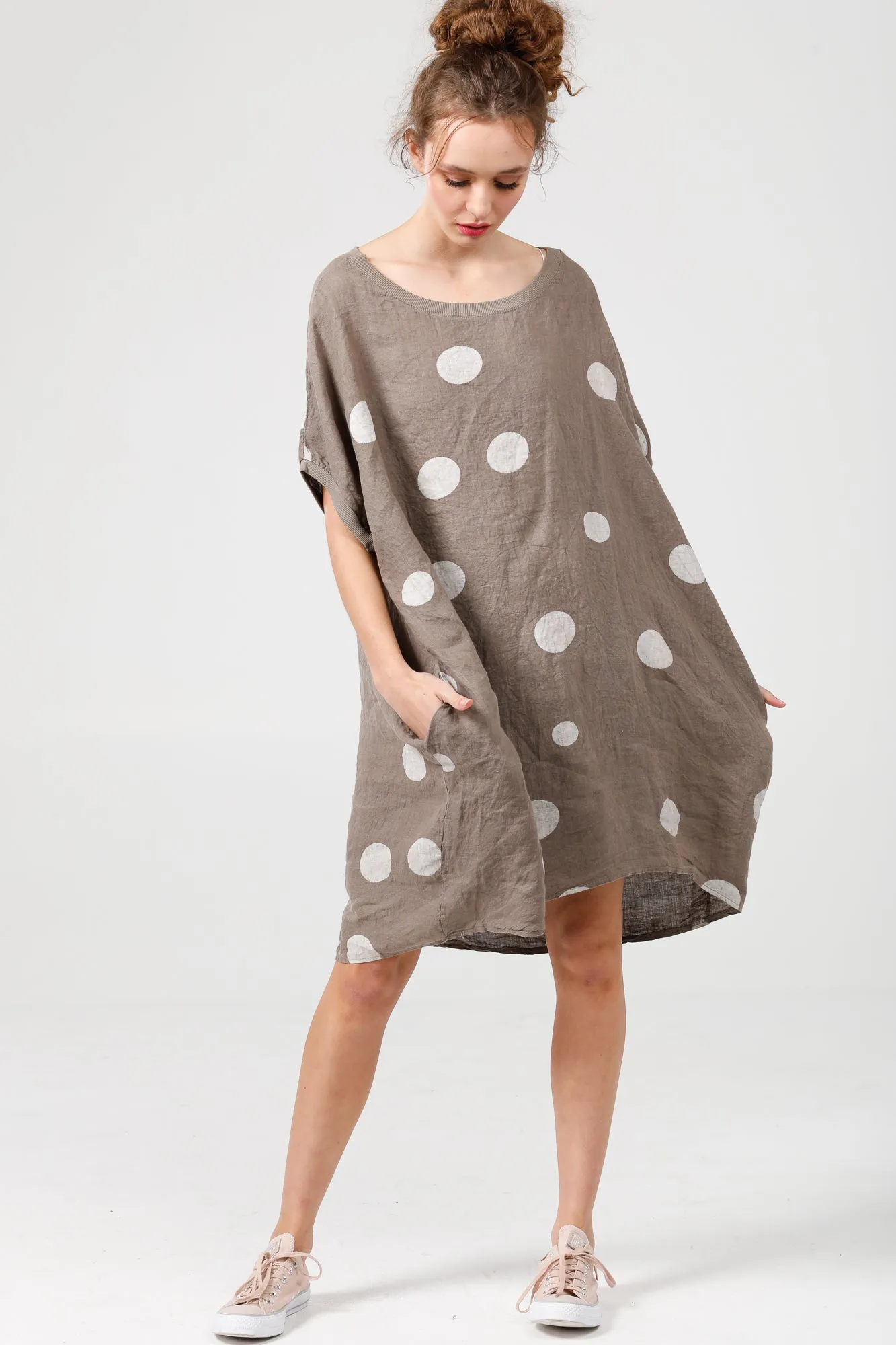 Rosabella linen dress. Cocoa brown Polka dot.