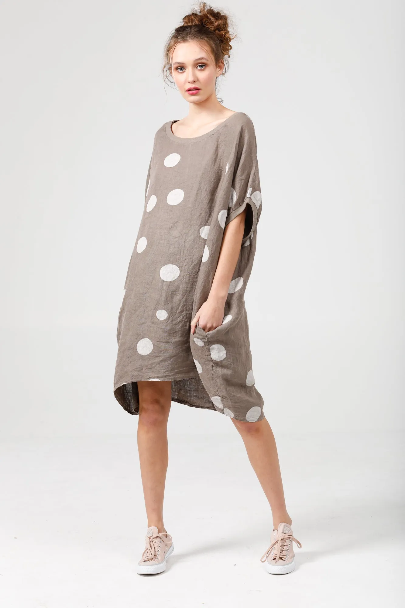 Rosabella linen dress. Cocoa brown Polka dot.