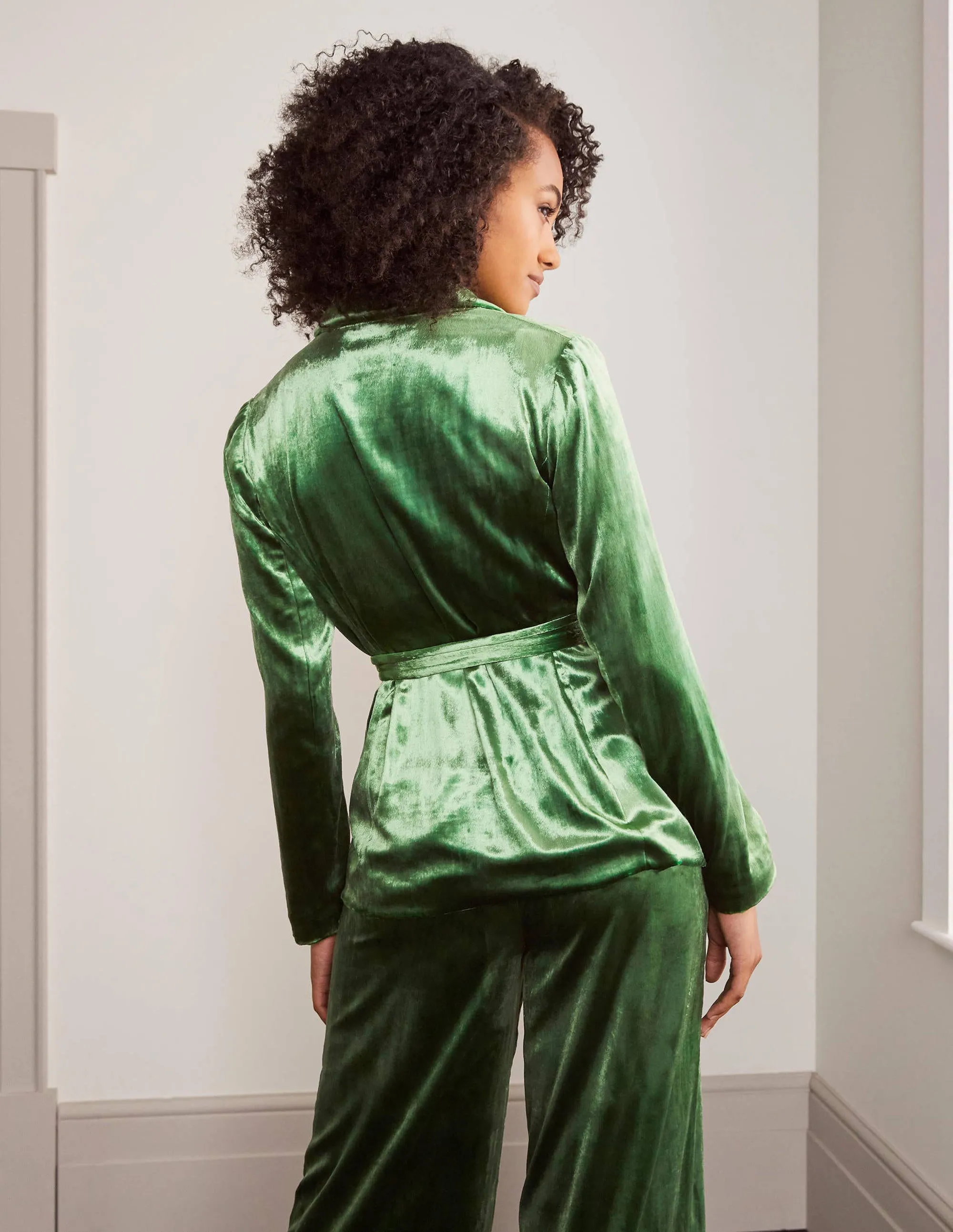 Rosebury Velvet Belted Blazer-Mid Green Velvet