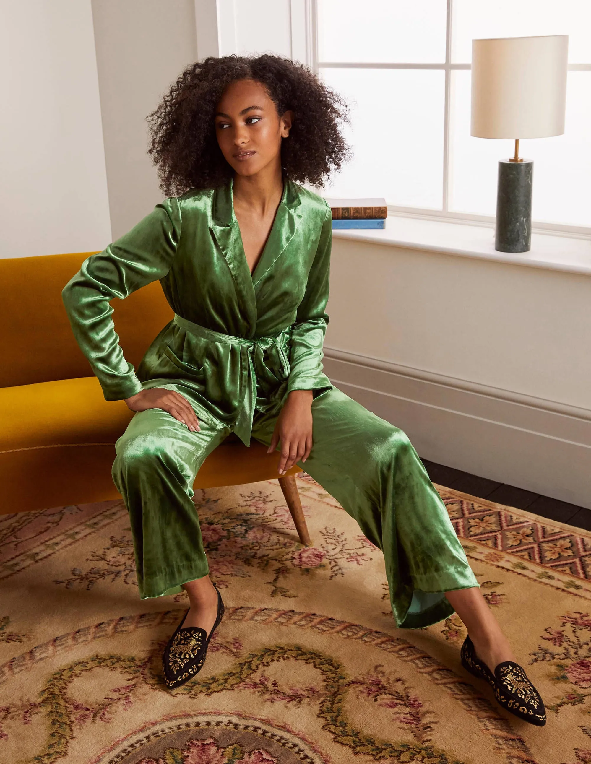 Rosebury Velvet Belted Blazer-Mid Green Velvet