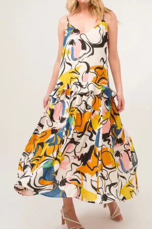Ruffled Abstract Floral Midi Cami Dress: Feminine & Versatile