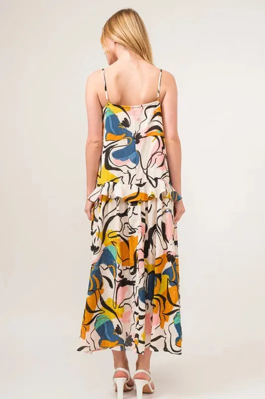 Ruffled Abstract Floral Midi Cami Dress: Feminine & Versatile