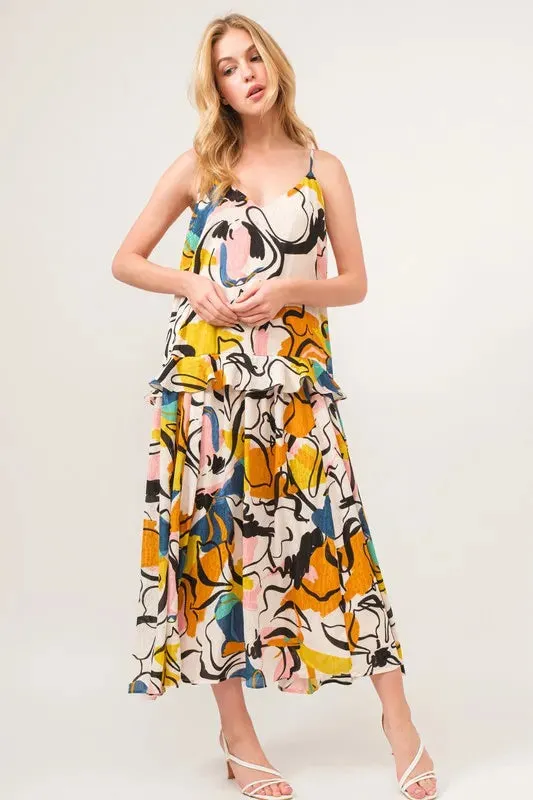 Ruffled Abstract Floral Midi Cami Dress: Feminine & Versatile