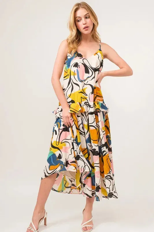 Ruffled Abstract Floral Midi Cami Dress: Feminine & Versatile