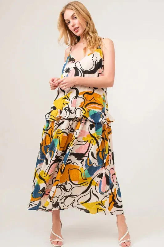 Ruffled Abstract Floral Midi Cami Dress: Feminine & Versatile